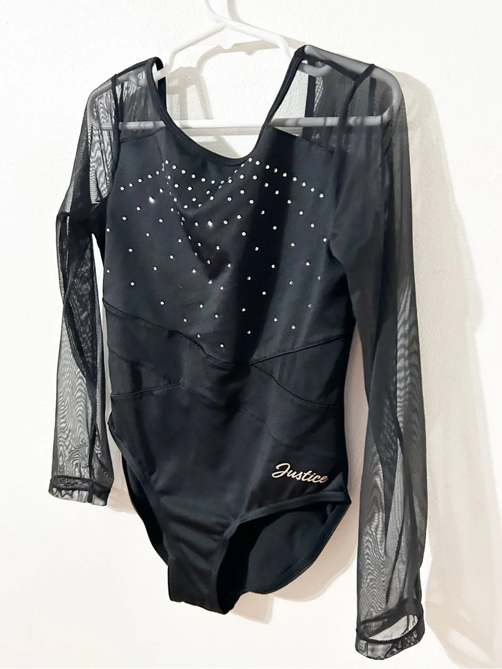 Justice Girls Black Sheer Mesh Long Sleeve Leotard Rhinestones Size M 10
